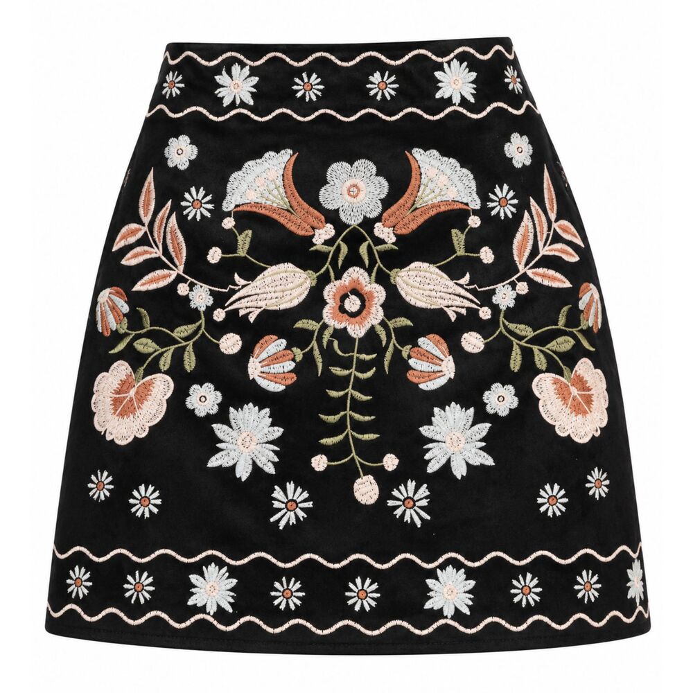 Mi Ami Black Embroidered Floral A-Line Mini Skirt